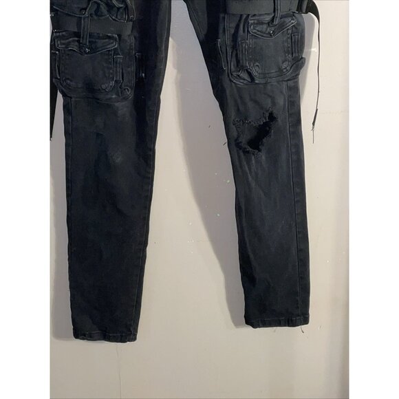 Cote De Nuits Mens Jeans 34x33 Black Cargo Large Pockets Military Distressed - Picture 6 of 12